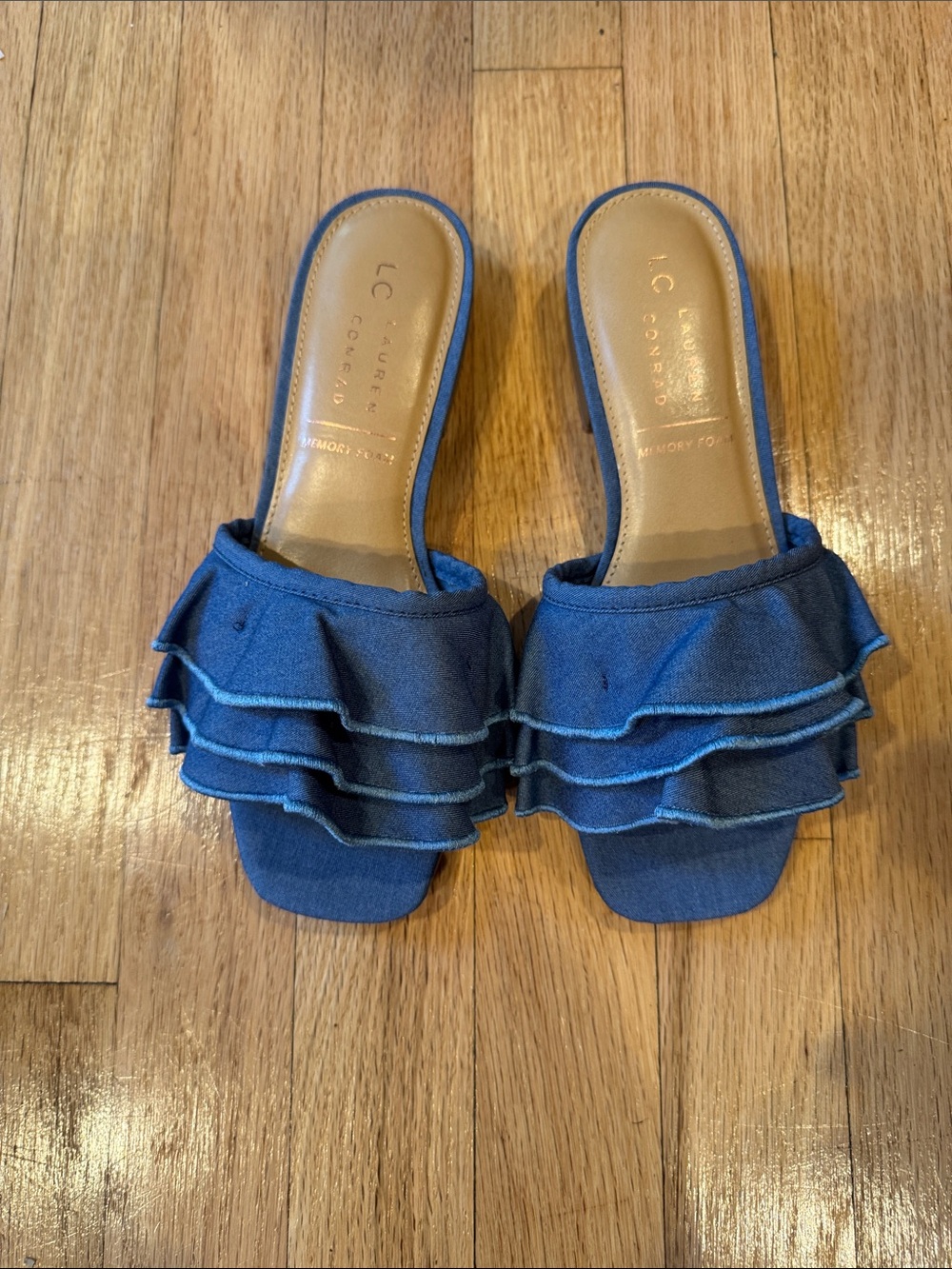 LC Lauren Conrad Denim Blue Ruffle Slide Mules